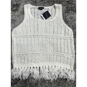 TopshopWhite Stretch Crochet Knit Boho W/Fringe Tank sleeveles Top Cami Size 12